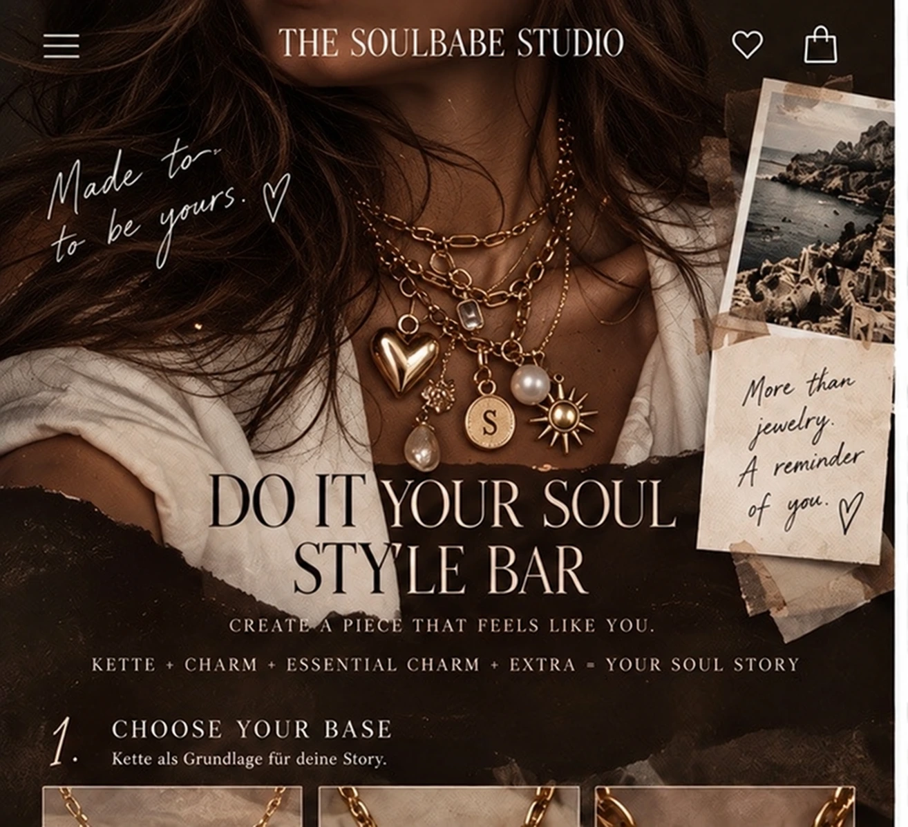 Soulbabe Style Bar Editorial: dunkle Haare, locker geschichtete Goldketten mit Herz, Perlen und persönlichem Anhänger, Papiercollage und handschriftliche Randnotizen